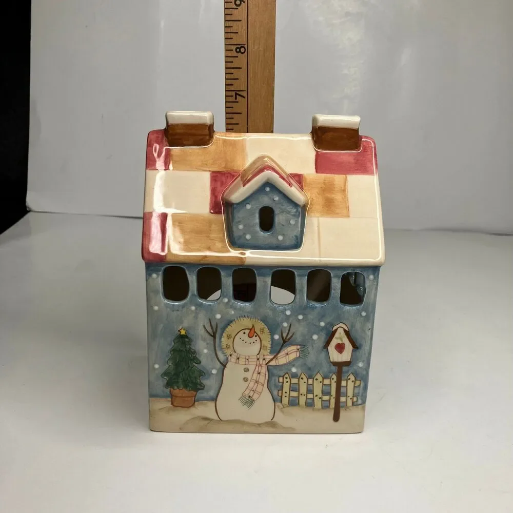 Snowman Tea Light Votive Ceramic House Holiday Decor Christmas